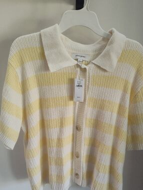 Banana Republic Cream and Yellow Striped Short-Sleeve Polo Cardigan